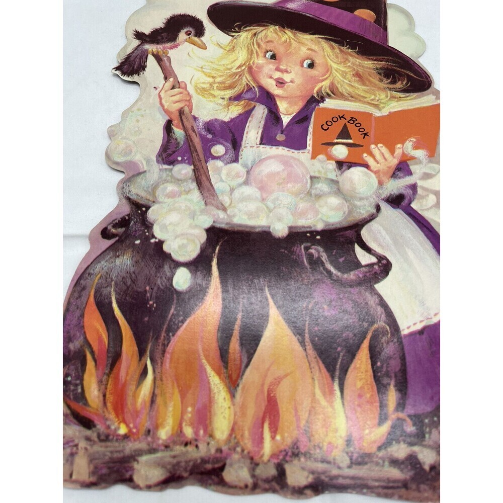Vintage Halloween Die Cut Decoration Witch Cooking Cookbook Bird Cauldron USA - Picture 2 of 8